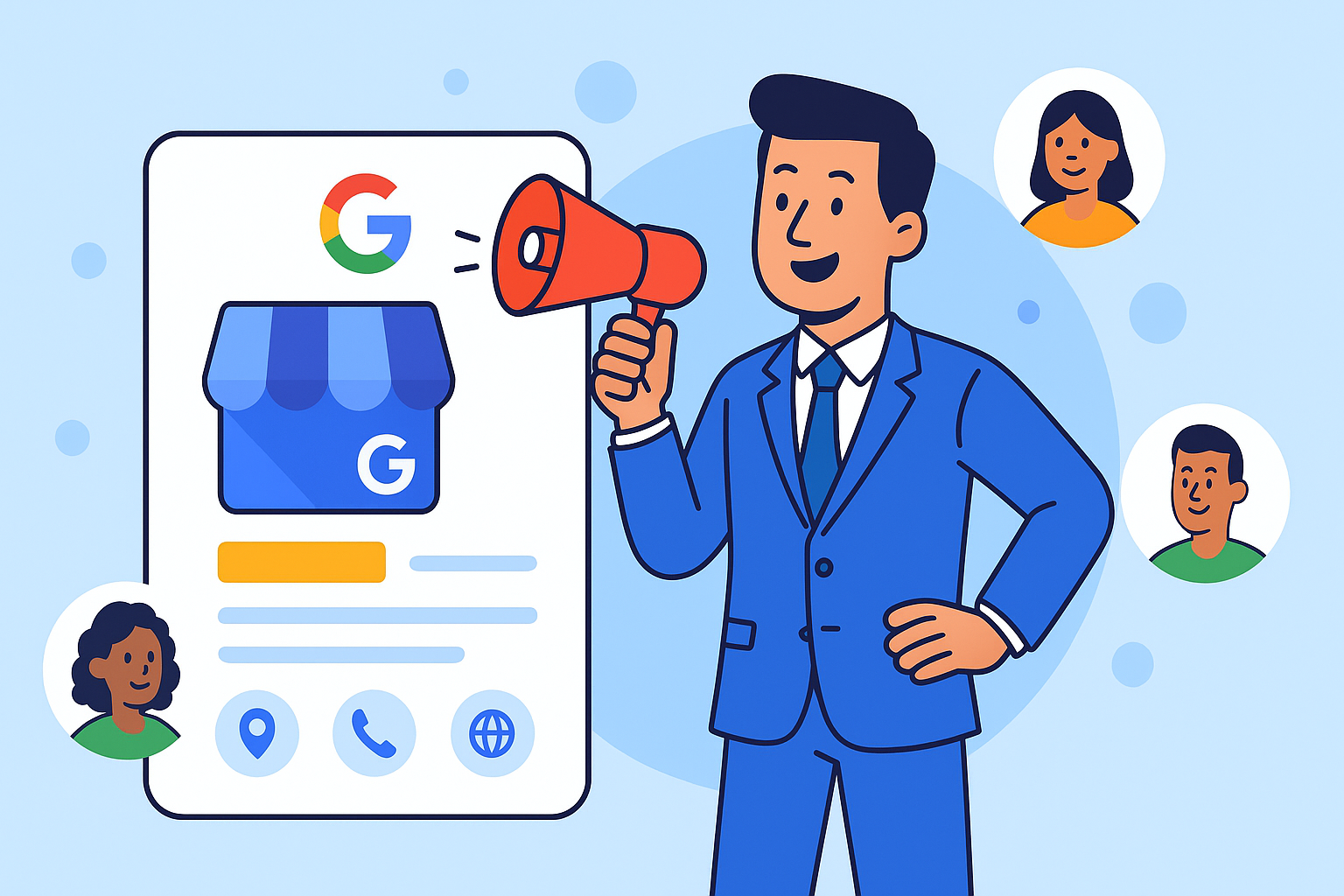 Illustration of a salesperson promoting a Google Business Profile with customer engagement icons